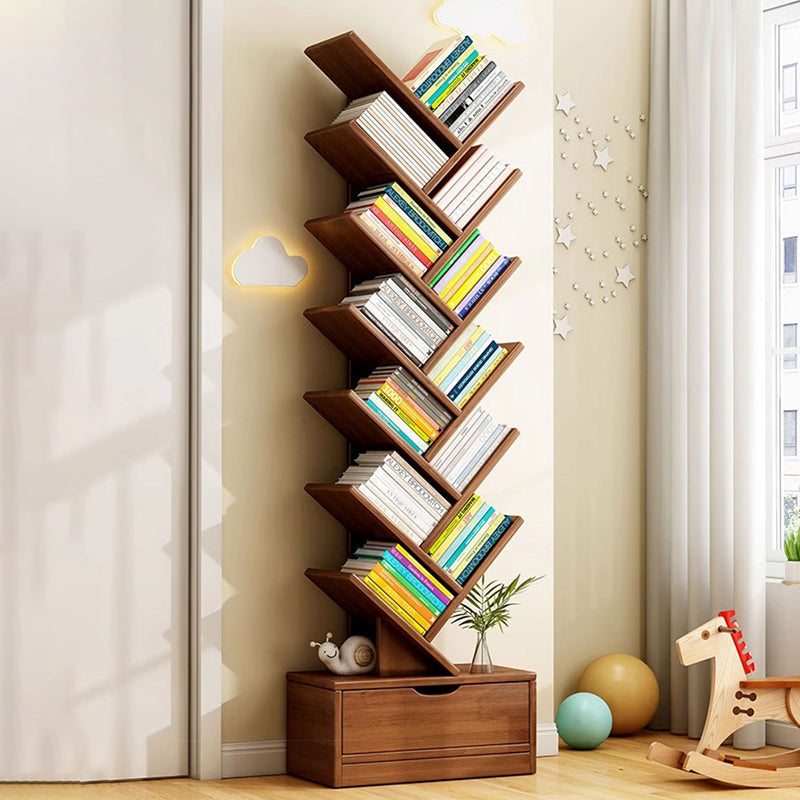 Tree Bookshelf with Drawer Freestanding Wooden Book Tower Tall Narrow Bookcase for Home Office | Bedroom and Kids Room