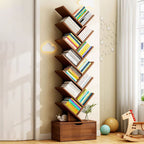 Tree Bookshelf with Drawer Freestanding Wooden Book Tower Tall Narrow Bookcase for Home Office | Bedroom and Kids Room