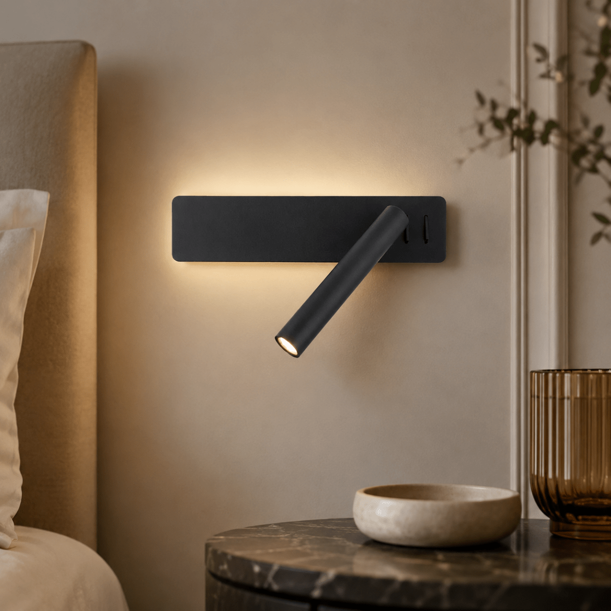 LED Wall Reading Light Bedside Wall Lamp with Rotating Spotlight Arm and Ambient Backlight Dimmable Modern Wall Sconce for Bedroom | Headboard