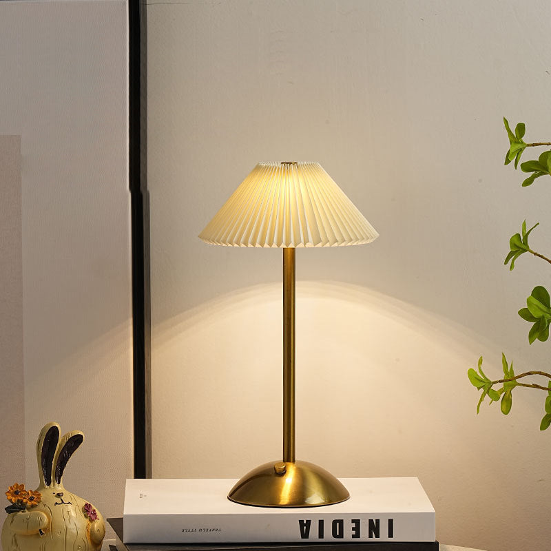 Rechargeable Table Lamp Pleated Fabric Shade Cordless Bedside Lamp with Iron Base Scandinavian Battery Lamp for Bedroom | Living Room and Dining Table