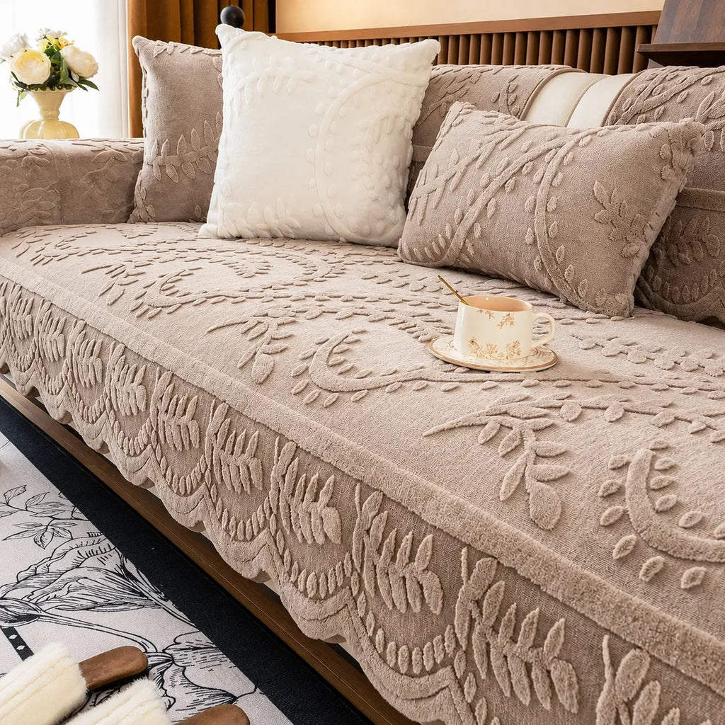 Embossed Plush Sofa Cover Non Slip Couch Protector with Botanical Leaf Pattern and Silicone Grip Backing Pet Friendly Sofa Seat Cover for Living Room