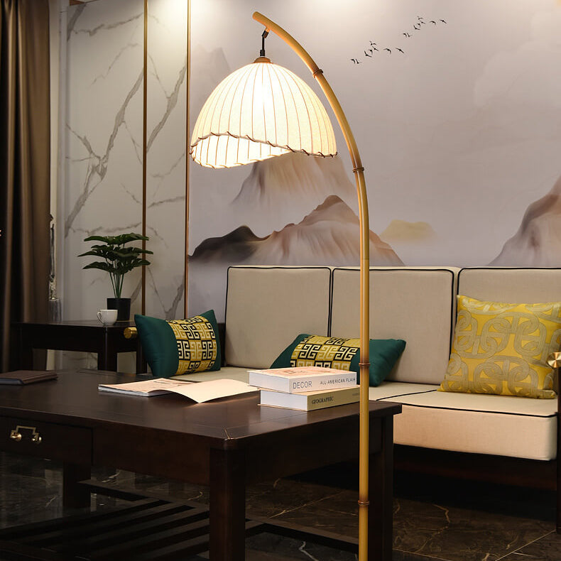 Arc Floor Lamp Bamboo Effect Metal Standing Lamp with Fabric Dome Shade and Marble Base Japanese Zen Reading Lamp for Living Room