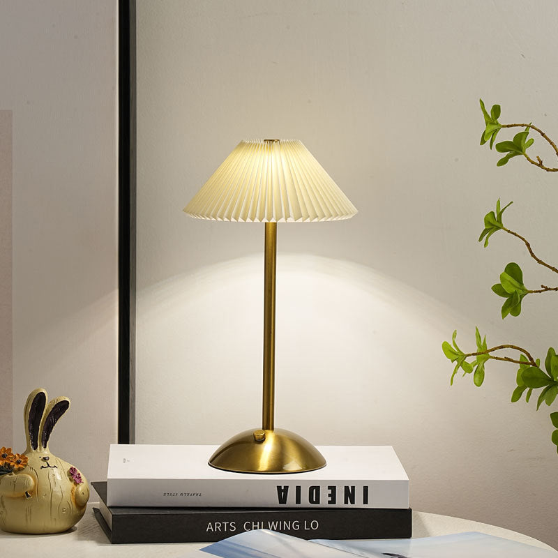 Rechargeable Table Lamp Pleated Fabric Shade Cordless Bedside Lamp with Iron Base Scandinavian Battery Lamp for Bedroom | Living Room and Dining Table