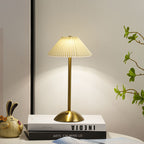 Rechargeable Table Lamp Pleated Fabric Shade Cordless Bedside Lamp with Iron Base Scandinavian Battery Lamp for Bedroom | Living Room and Dining Table