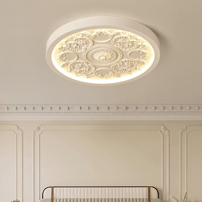 Carved LED Ceiling Light Round Ornate Flush Mount Ceiling Lamp Dimmable with Remote Control for Bedroom and Living Room