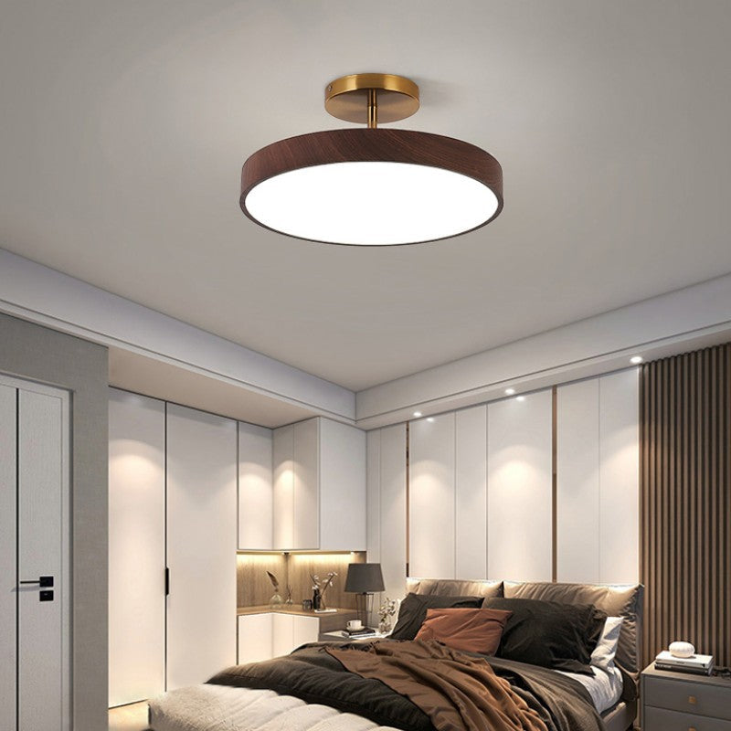 Wood Effect LED Ceiling Light Round Semi Flush Ceiling Lamp Japandi Wood Grain Finish with Brass Tone Fitting for Bedroom and Hallway