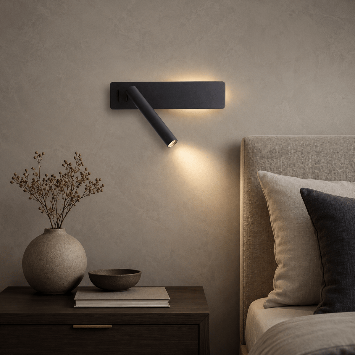 LED Wall Reading Light Bedside Wall Lamp with Rotating Spotlight Arm and Ambient Backlight Dimmable Modern Wall Sconce for Bedroom | Headboard