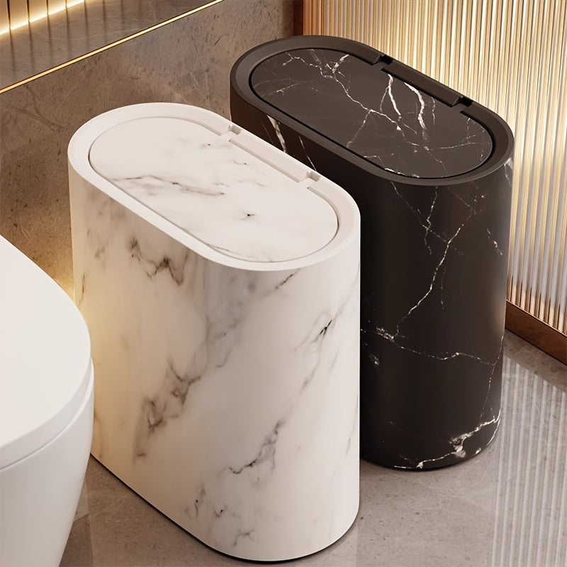 Marble Effect Bathroom Bin with Lid Slim Oval Waste Bin Modern Rubbish Bin Space-Saving Trash Can for Bathroom | Kitchen and Office