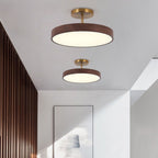 Wood Effect LED Ceiling Light Round Semi Flush Ceiling Lamp Japandi Wood Grain Finish with Brass Tone Fitting for Bedroom and Hallway