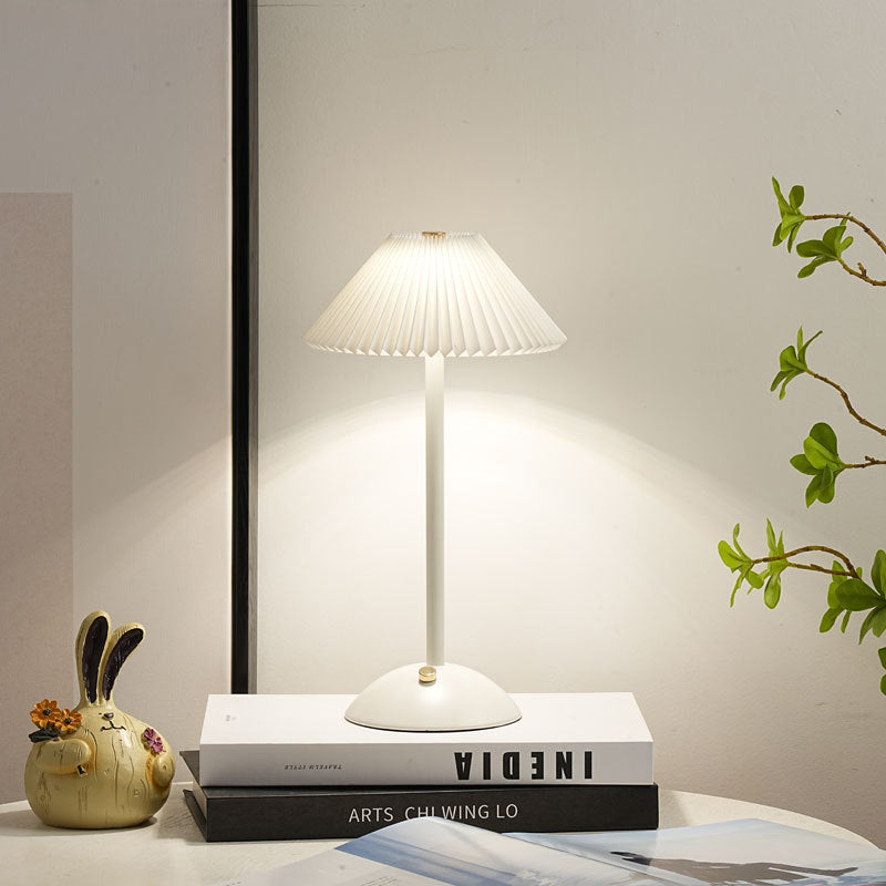 Rechargeable Table Lamp Pleated Fabric Shade Cordless Bedside Lamp with Iron Base Scandinavian Battery Lamp for Bedroom | Living Room and Dining Table