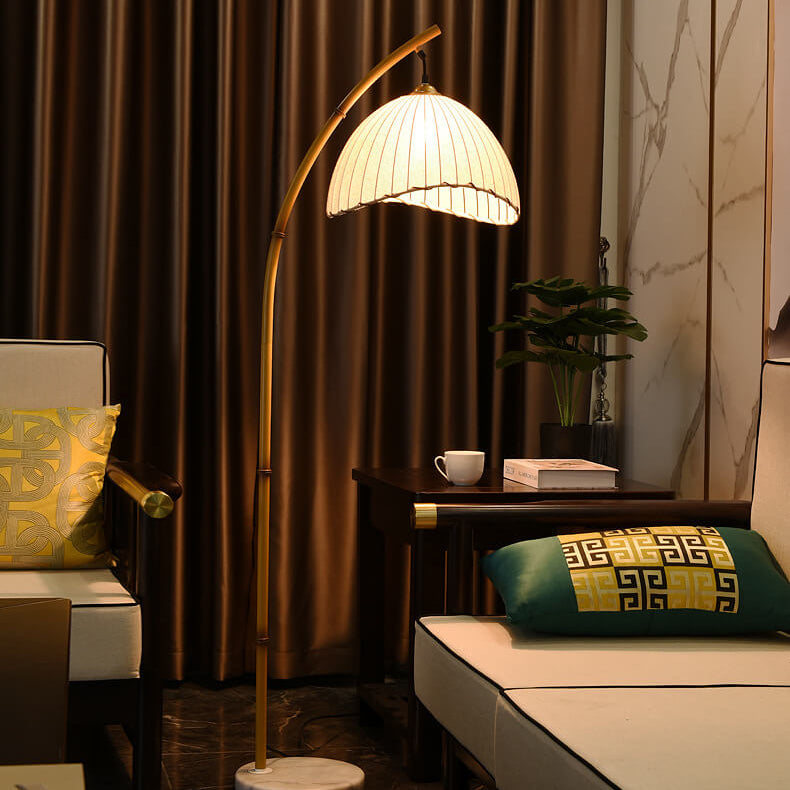Arc Floor Lamp Bamboo Effect Metal Standing Lamp with Fabric Dome Shade and Marble Base Japanese Zen Reading Lamp for Living Room