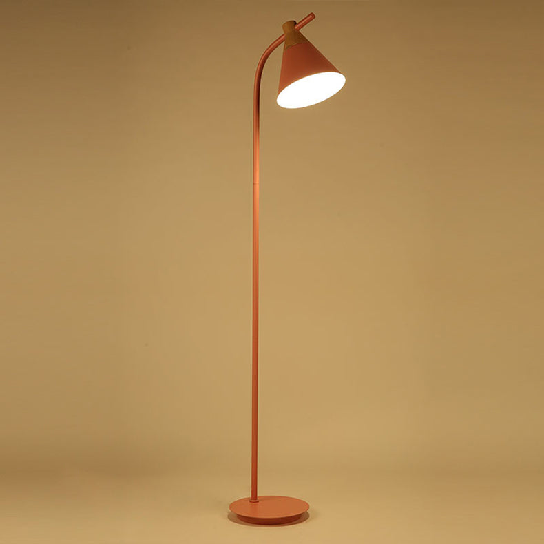 Macaron Floor Lamp Nordic Metal Standing Lamp with Cone Shade and Wooden Joint Curved Reading Lamp for Living Room and Bedroom