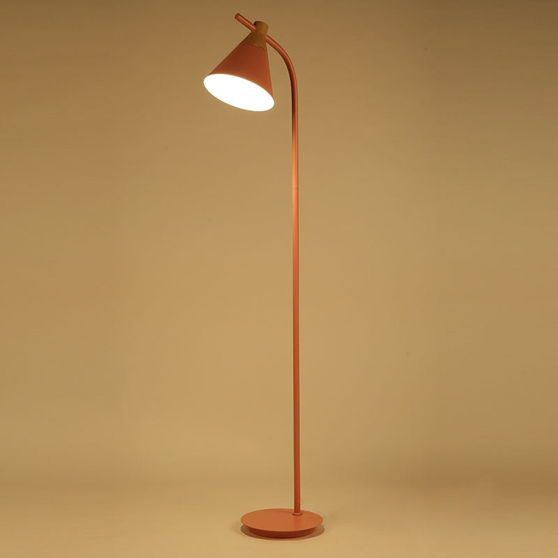 Macaron Floor Lamp Nordic Metal Standing Lamp with Cone Shade and Wooden Joint Curved Reading Lamp for Living Room and Bedroom