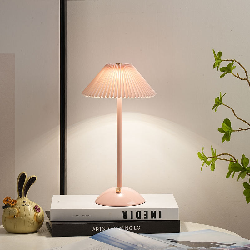 Rechargeable Table Lamp Pleated Fabric Shade Cordless Bedside Lamp with Iron Base Scandinavian Battery Lamp for Bedroom | Living Room and Dining Table