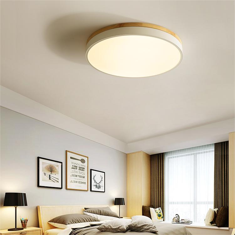 Round Flush LED Ceiling Light with Wood Trim for Living Room