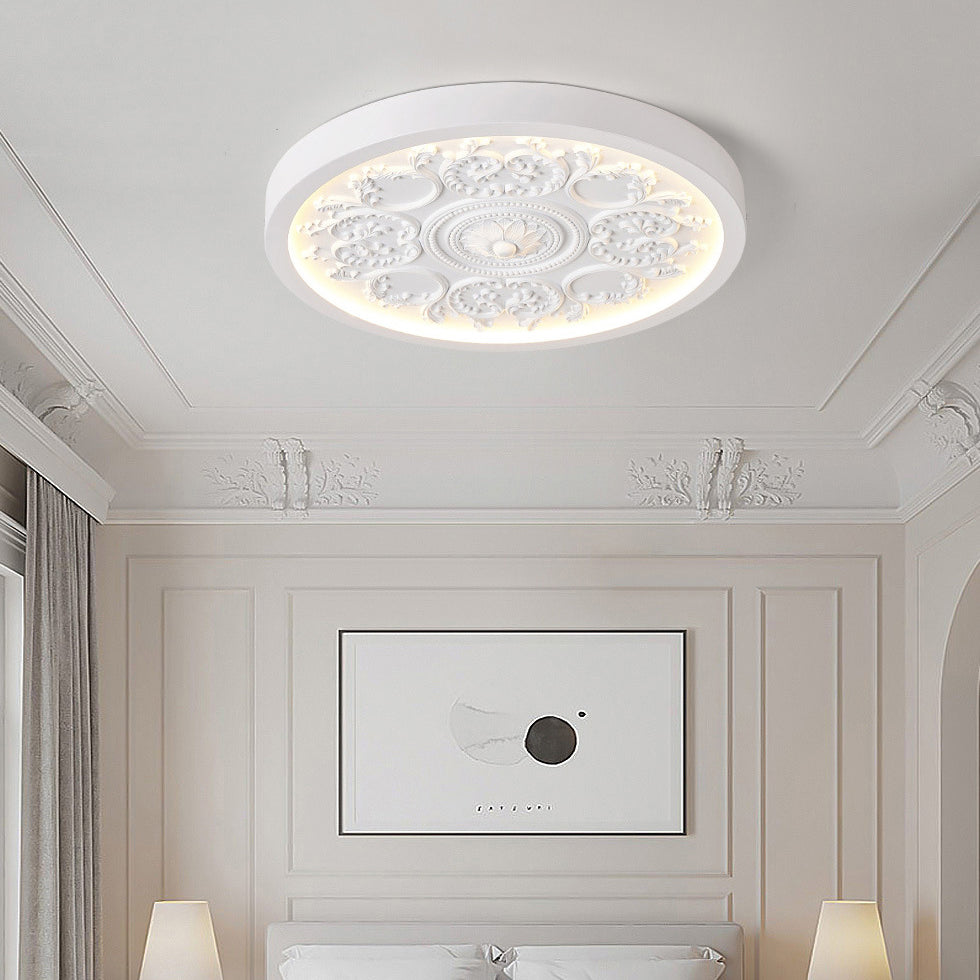Carved LED Ceiling Light Round Ornate Flush Mount Ceiling Lamp Dimmable with Remote Control for Bedroom and Living Room