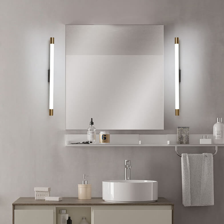 Slim LED Tube Wall Light Minimalist Aluminium Vanity Bar Mirror Lamp with Brass Tone End Caps for Bathroom | Bedroom and Living Room