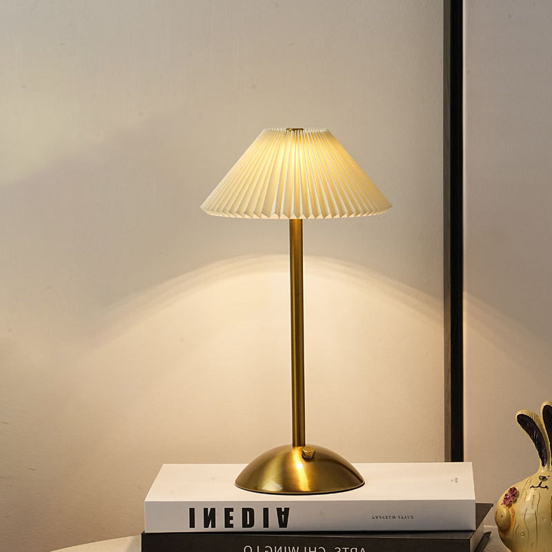 Rechargeable Table Lamp Pleated Fabric Shade Cordless Bedside Lamp with Iron Base Scandinavian Battery Lamp for Bedroom | Living Room and Dining Table