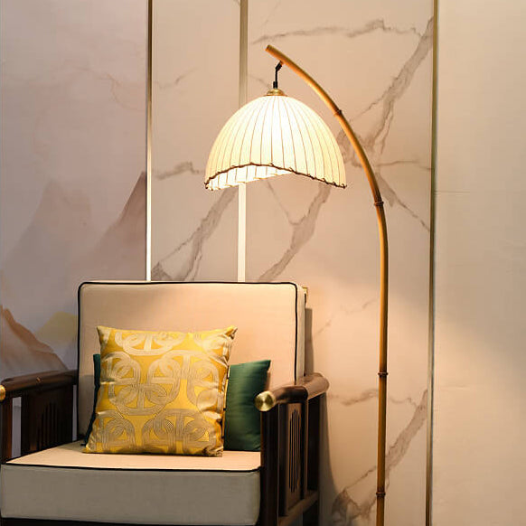 Arc Floor Lamp Bamboo Effect Metal Standing Lamp with Fabric Dome Shade and Marble Base Japanese Zen Reading Lamp for Living Room