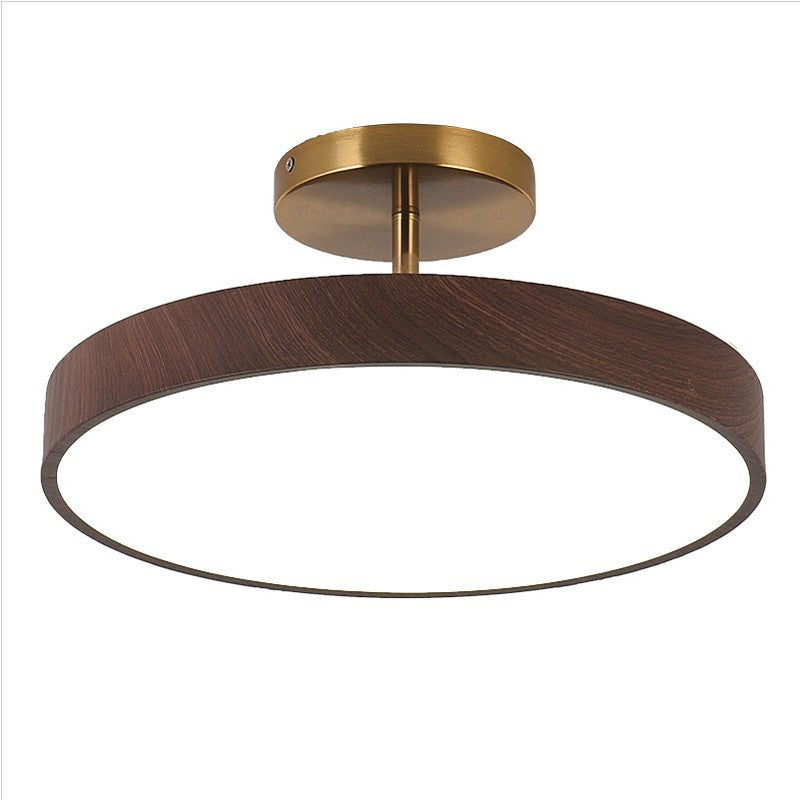 Wood Effect LED Ceiling Light Round Semi Flush Ceiling Lamp Japandi Wood Grain Finish with Brass Tone Fitting for Bedroom and Hallway