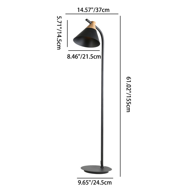 Macaron Floor Lamp Nordic Metal Standing Lamp with Cone Shade and Wooden Joint Curved Reading Lamp for Living Room and Bedroom