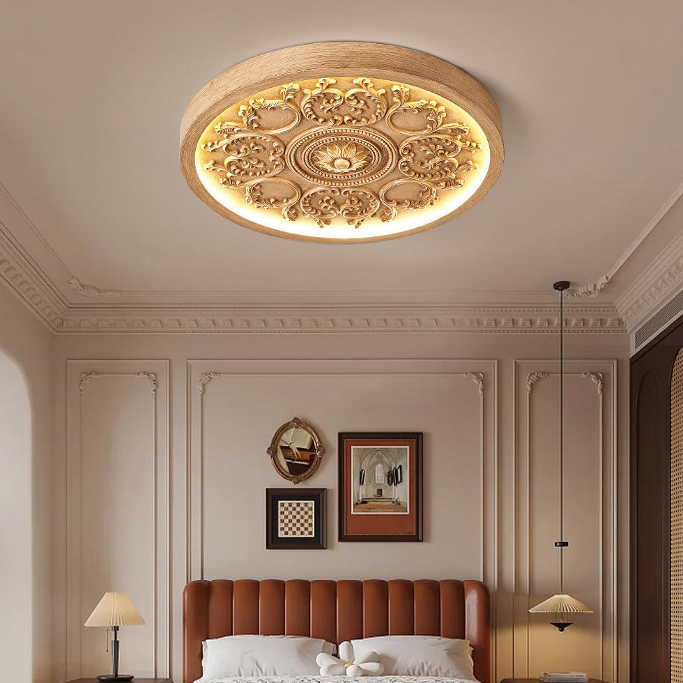 Carved LED Ceiling Light Round Ornate Flush Mount Ceiling Lamp Dimmable with Remote Control for Bedroom and Living Room