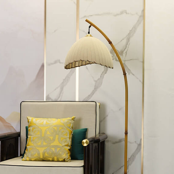 Arc Floor Lamp Bamboo Effect Metal Standing Lamp with Fabric Dome Shade and Marble Base Japanese Zen Reading Lamp for Living Room