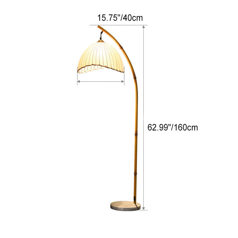 Arc Floor Lamp Bamboo Effect Metal Standing Lamp with Fabric Dome Shade and Marble Base Japanese Zen Reading Lamp for Living Room