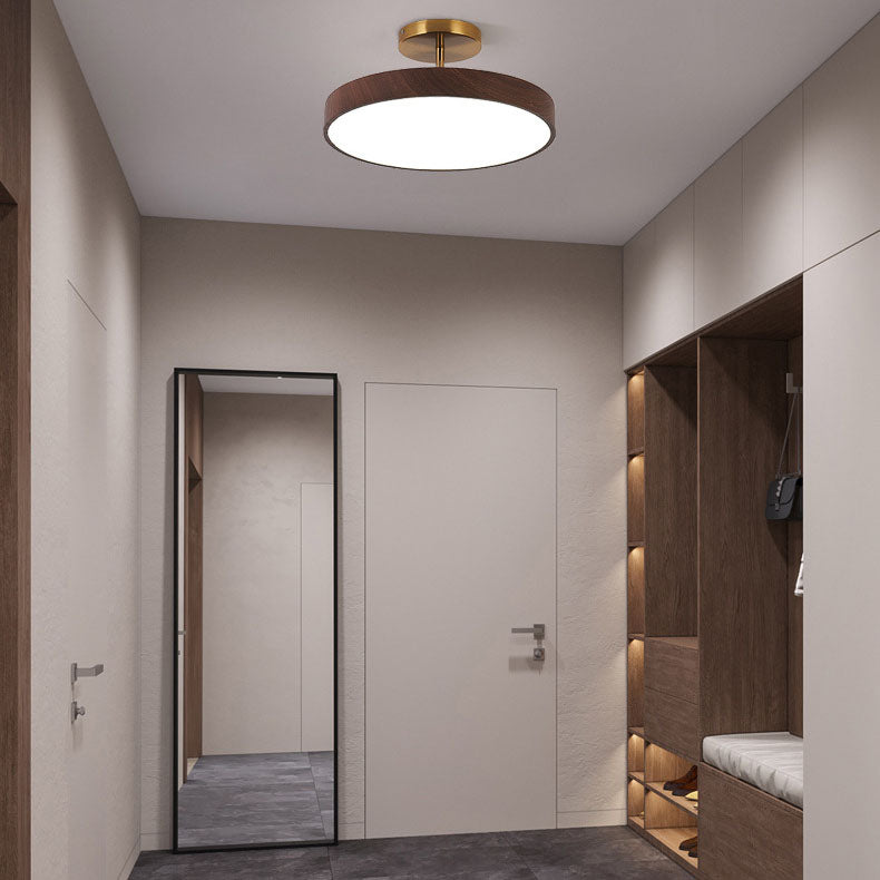 Wood Effect LED Ceiling Light Round Semi Flush Ceiling Lamp Japandi Wood Grain Finish with Brass Tone Fitting for Bedroom and Hallway