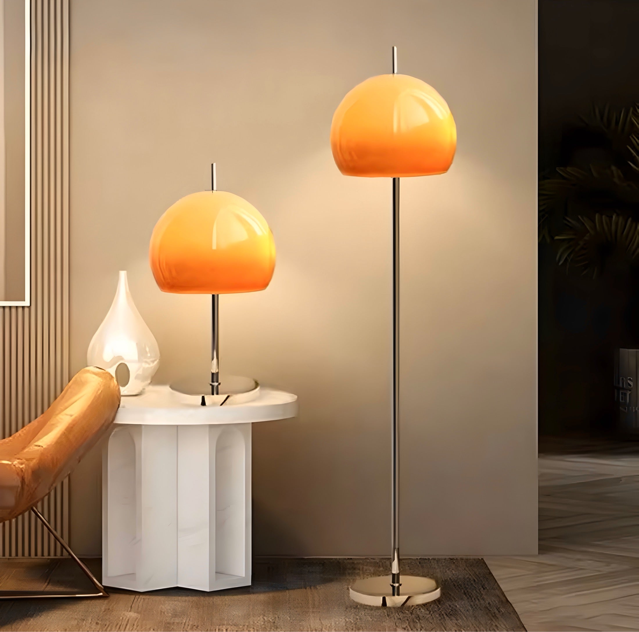 Vintage Orange Glass Globe Floor Lamp With Slim Metal Stand