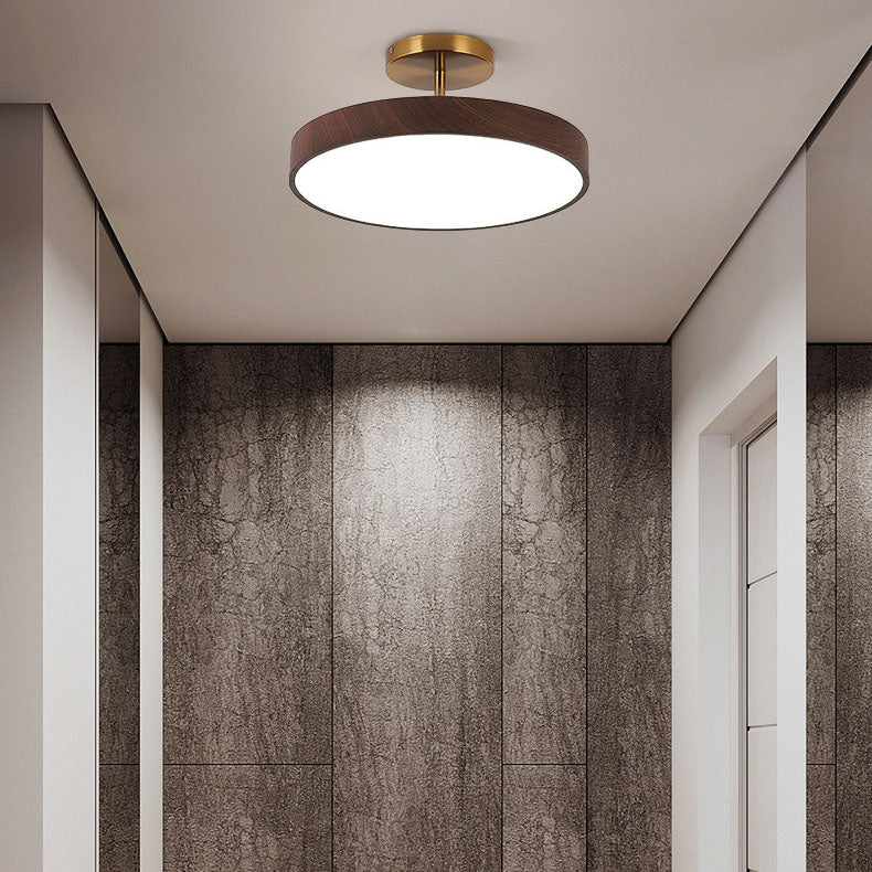 Wood Effect LED Ceiling Light Round Semi Flush Ceiling Lamp Japandi Wood Grain Finish with Brass Tone Fitting for Bedroom and Hallway