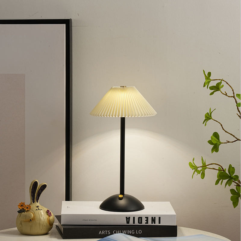 Rechargeable Table Lamp Pleated Fabric Shade Cordless Bedside Lamp with Iron Base Scandinavian Battery Lamp for Bedroom | Living Room and Dining Table