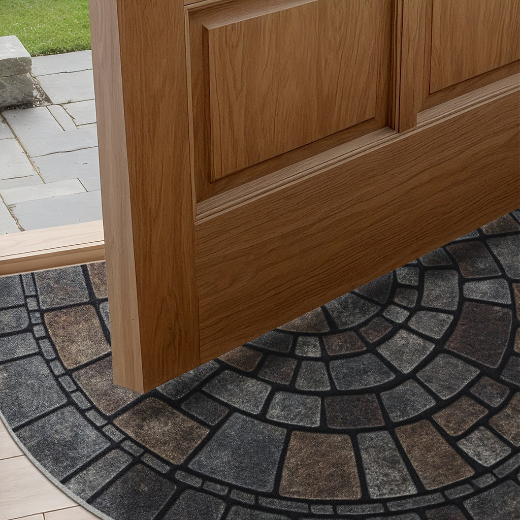 Half Moon Door Mat Non-Slip Mosaic Stone Effect Doormat Semicircle Polyester Entrance Mat for Indoor and Outdoor Use