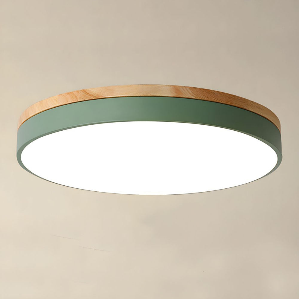 Round Flush LED Ceiling Light with Wood Trim for Living Room