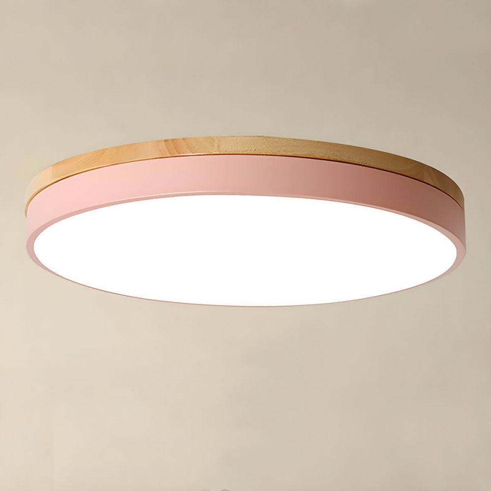 Round Flush LED Ceiling Light with Wood Trim for Living Room