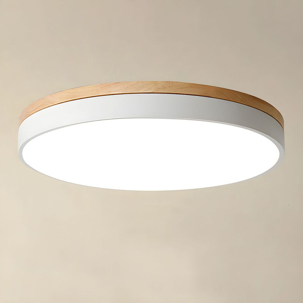 Round Flush LED Ceiling Light with Wood Trim for Living Room