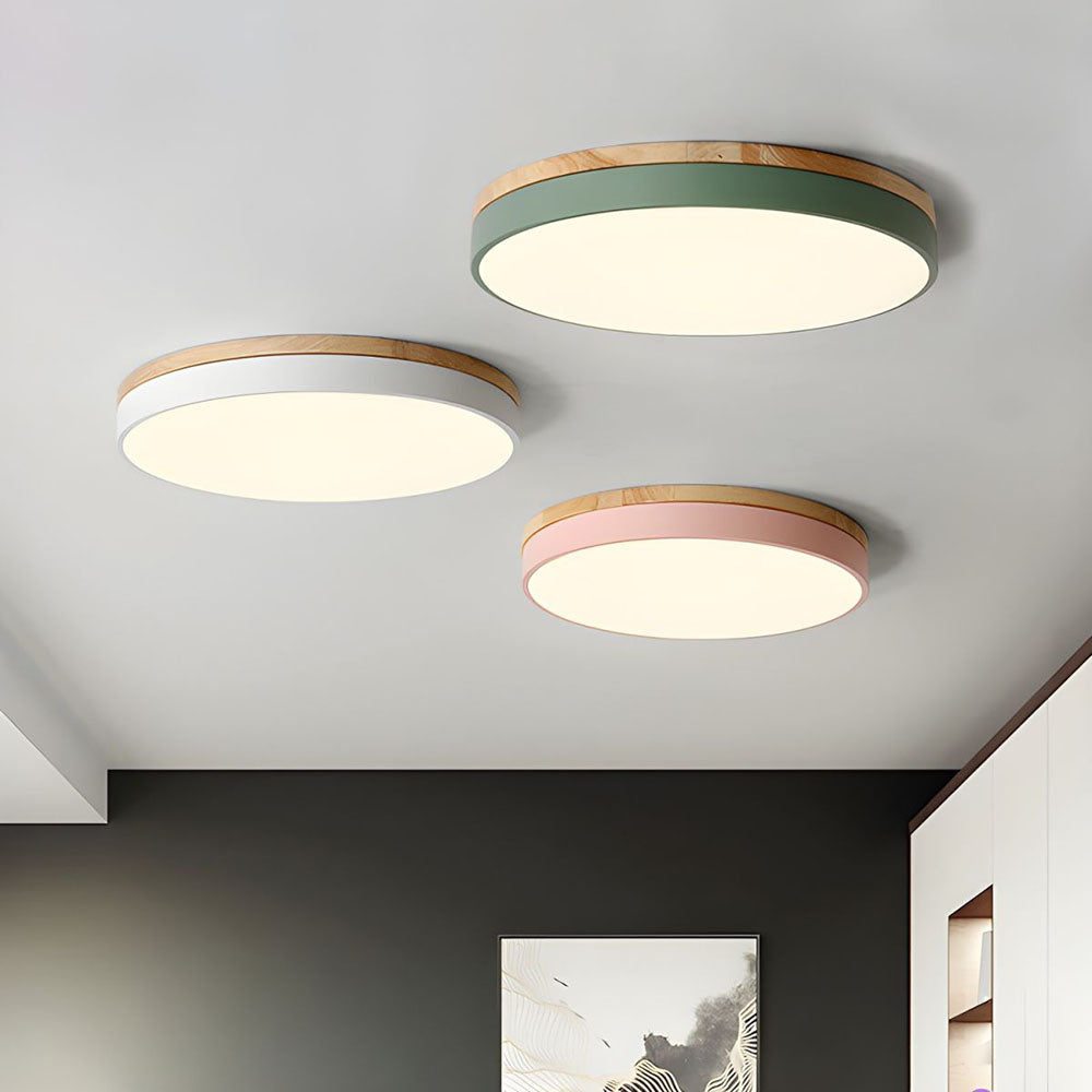 Round Flush LED Ceiling Light with Wood Trim for Living Room