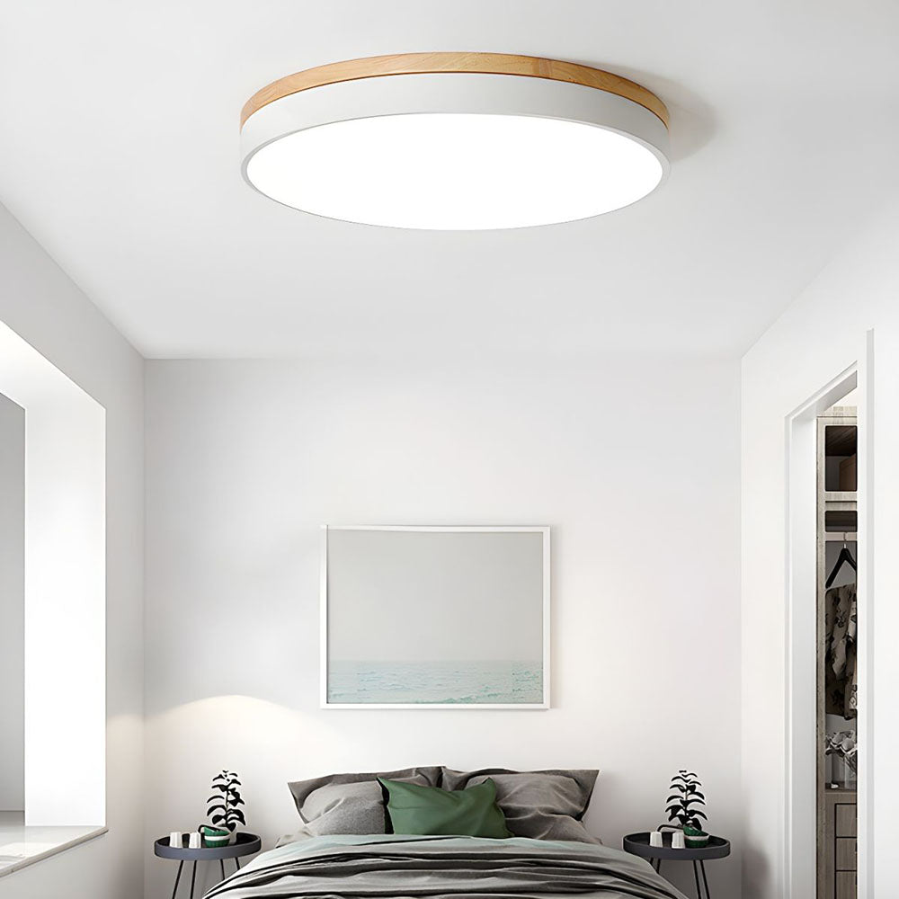 Round Flush LED Ceiling Light with Wood Trim for Living Room