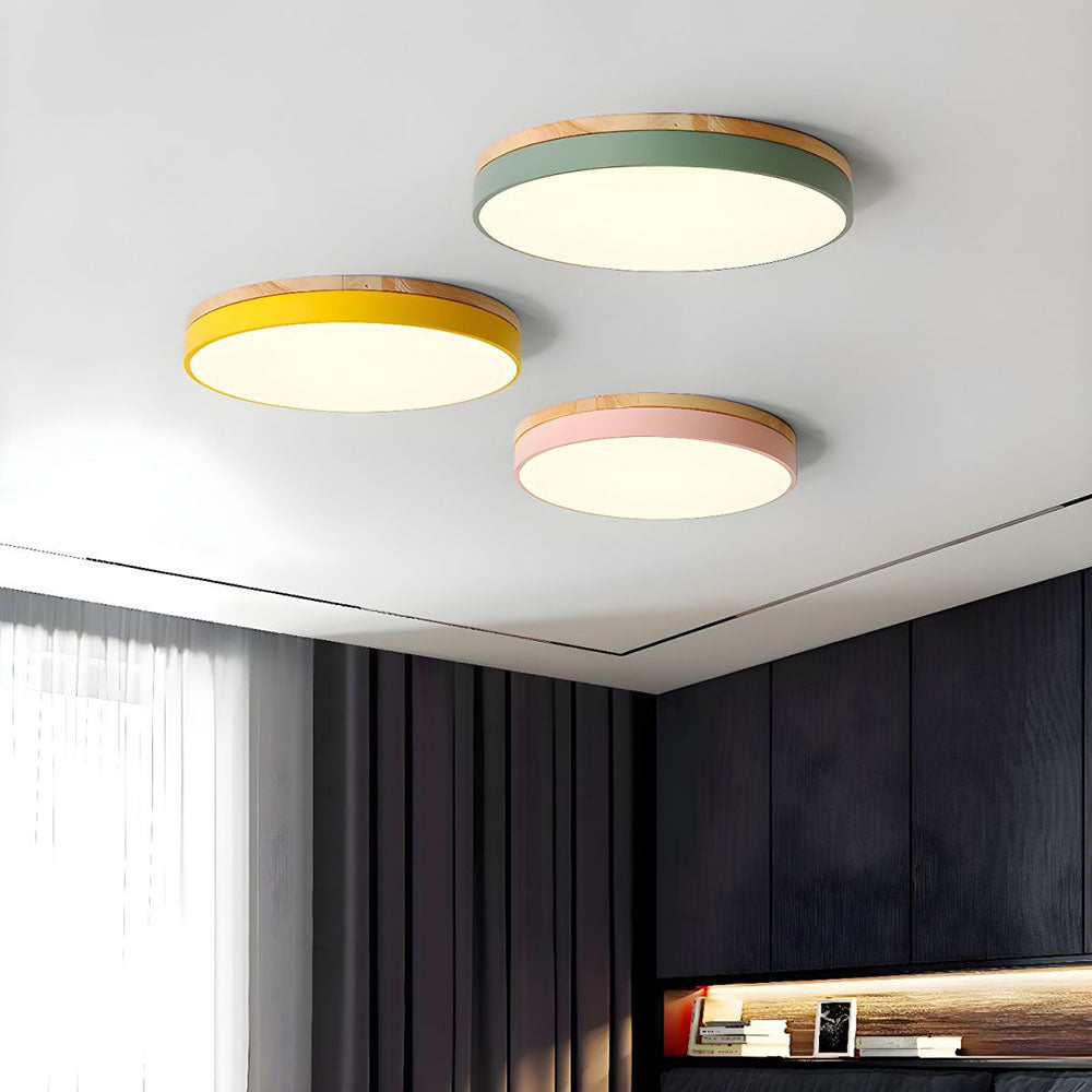 Round Flush LED Ceiling Light with Wood Trim for Living Room