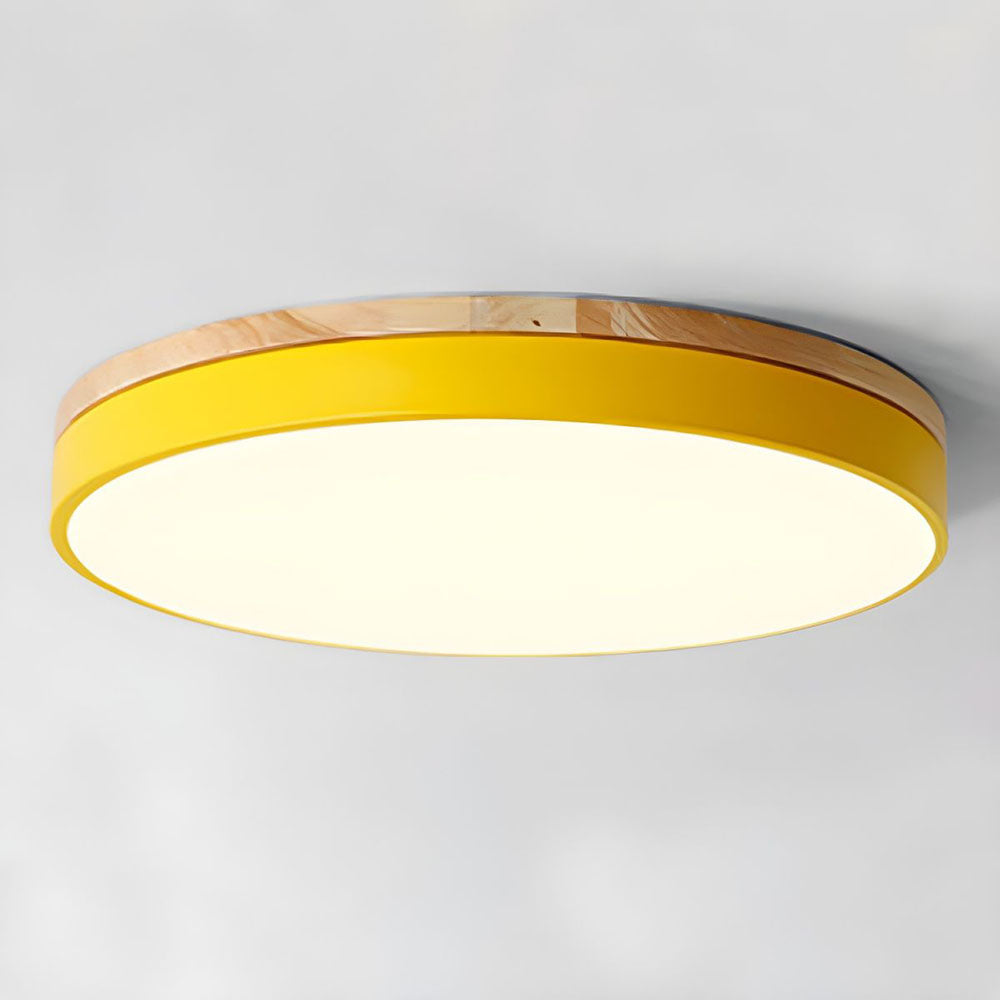 Round Flush LED Ceiling Light with Wood Trim for Living Room