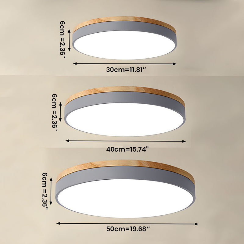 Round Flush LED Ceiling Light with Wood Trim for Living Room