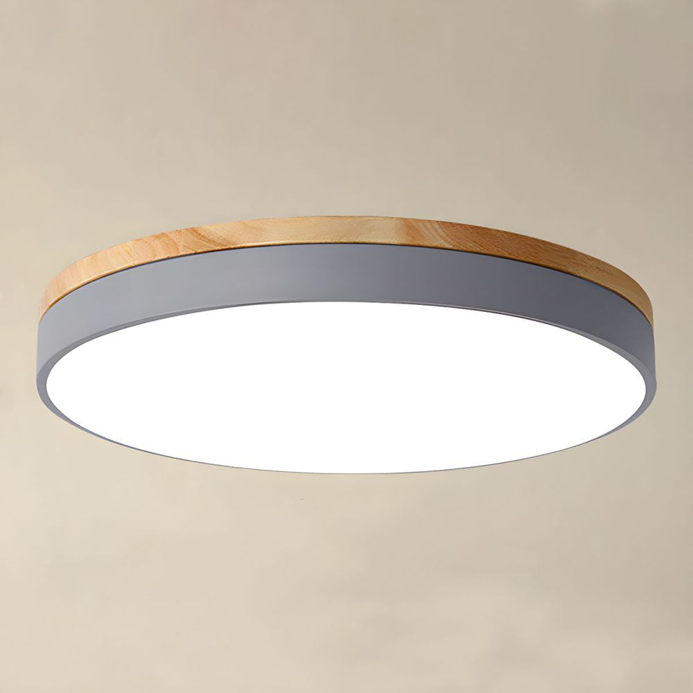 Round Flush LED Ceiling Light with Wood Trim for Living Room