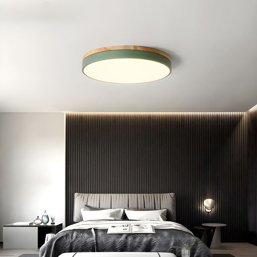 Round Flush LED Ceiling Light with Wood Trim for Living Room