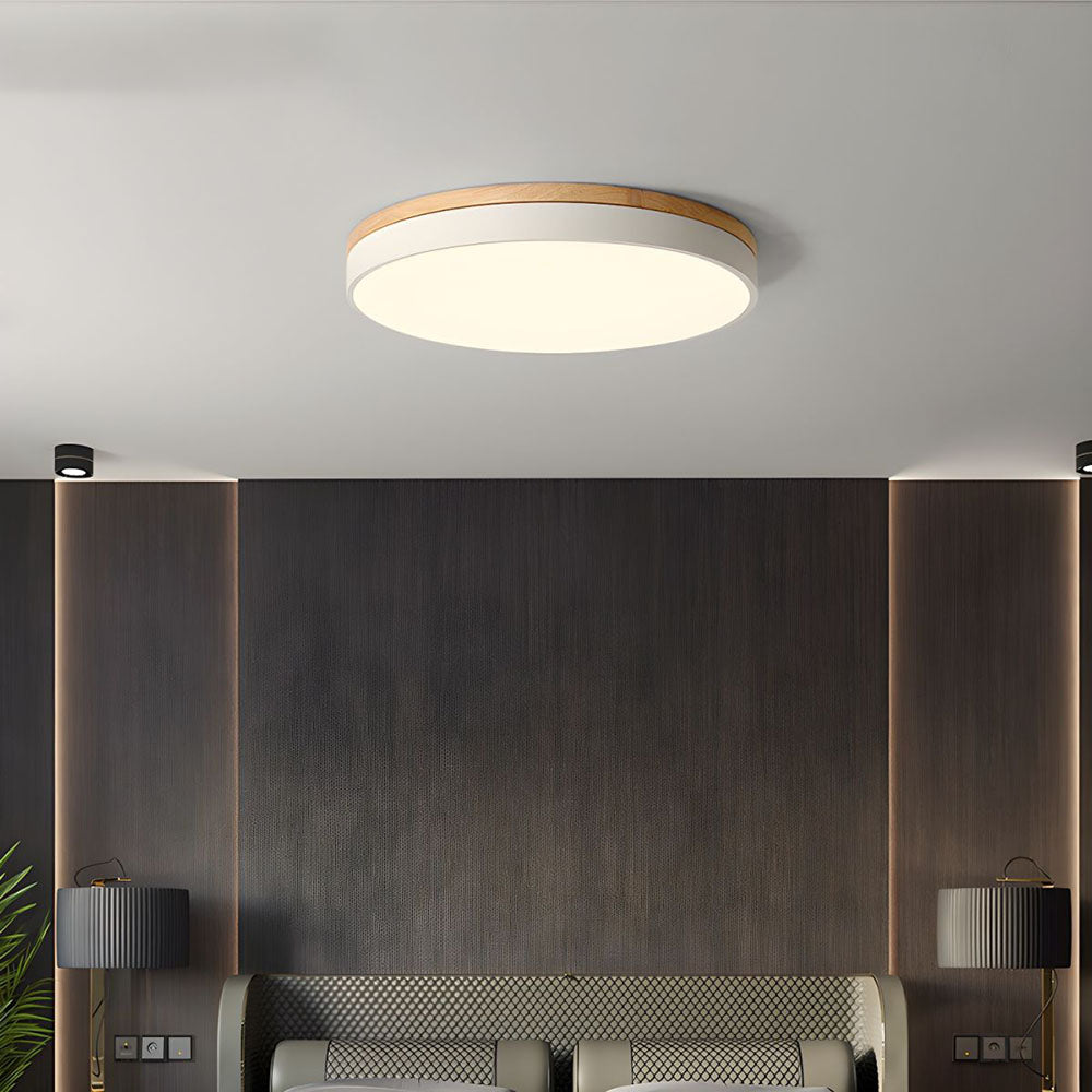 Round Flush LED Ceiling Light with Wood Trim for Living Room