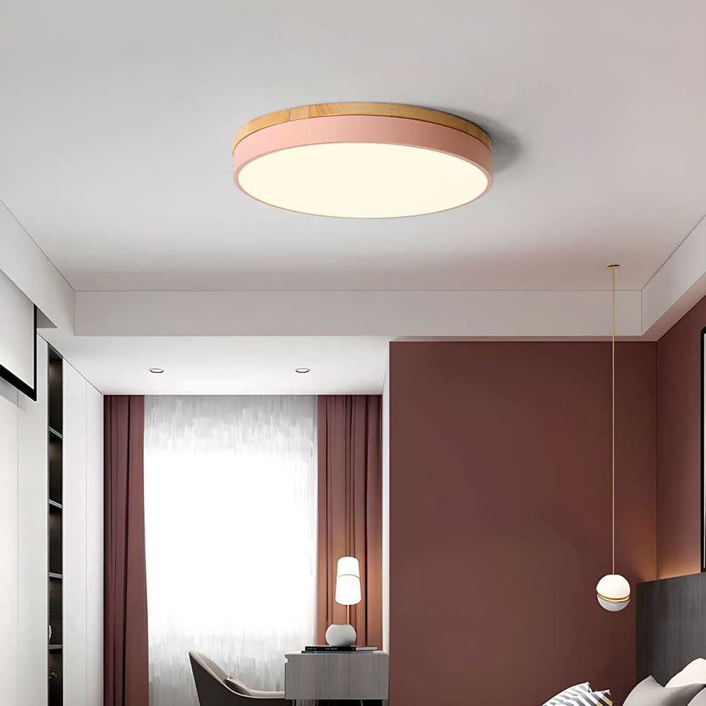 Round Flush LED Ceiling Light with Wood Trim for Living Room