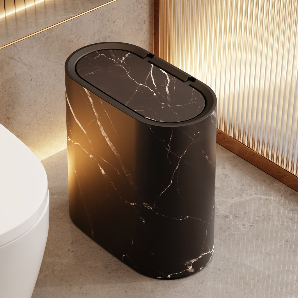 Marble Effect Bathroom Bin with Lid Slim Oval Waste Bin Modern Rubbish Bin Space-Saving Trash Can for Bathroom | Kitchen and Office