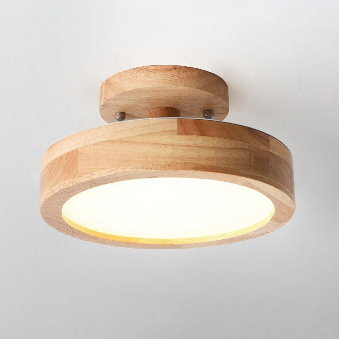 Nordic Round LED Ceiling Light Wood and Metal Semi Flush Ceiling Lamp with Colour Temperature Options for Hallway | Bedroom and Living Room