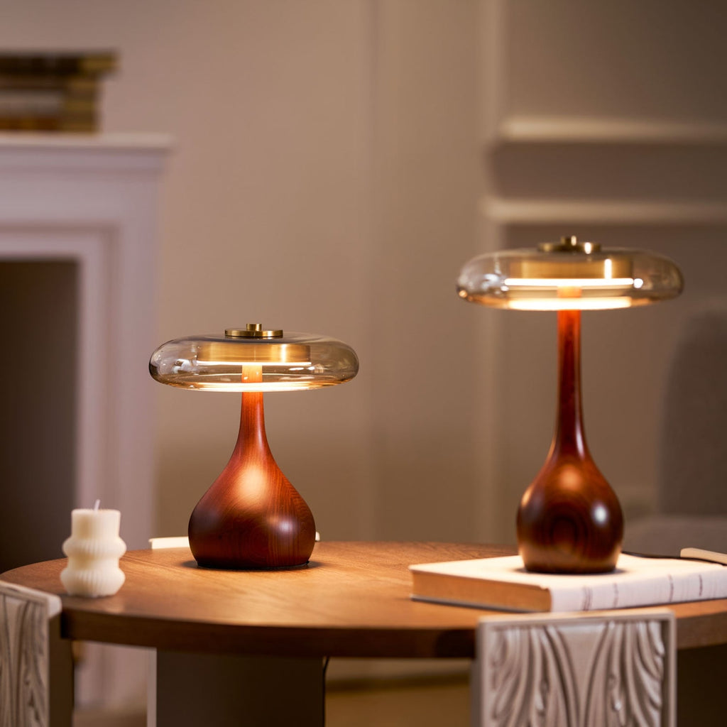 Contemporary Ash Wood And Brass Table Lamp With Glass Shade — Ashbury Home & Living