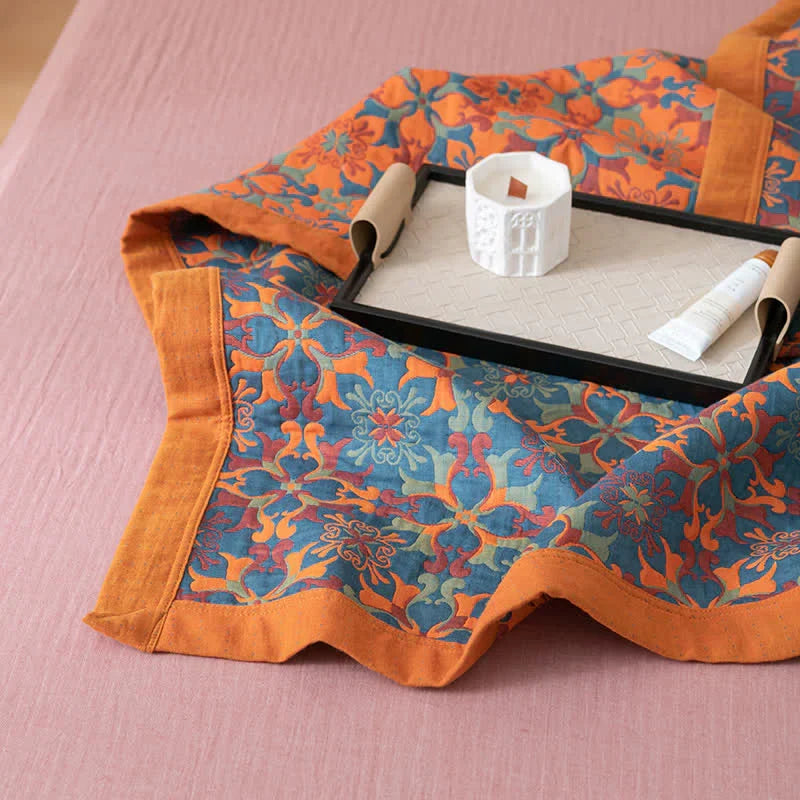 Six Layer Cotton Gauze Quilt Blue Patterned Muslin Bedspread Breathable Lightweight Blanket with Contrast Border for Bed and Sofa