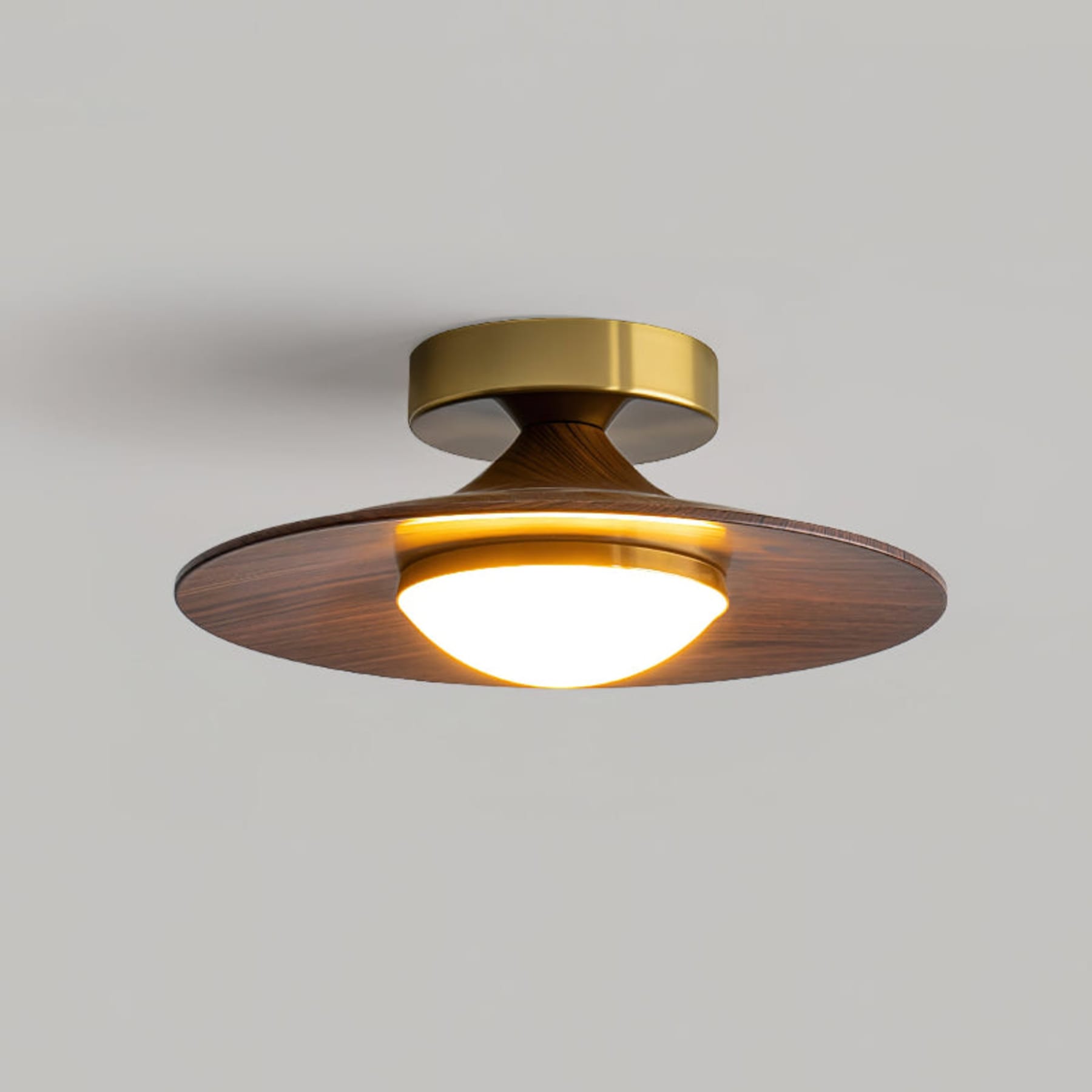 Modern Wood-Effect Round Flush Mount Ceiling Light With Integrated LED in Walnut & Gold — Ashbury Home & Living